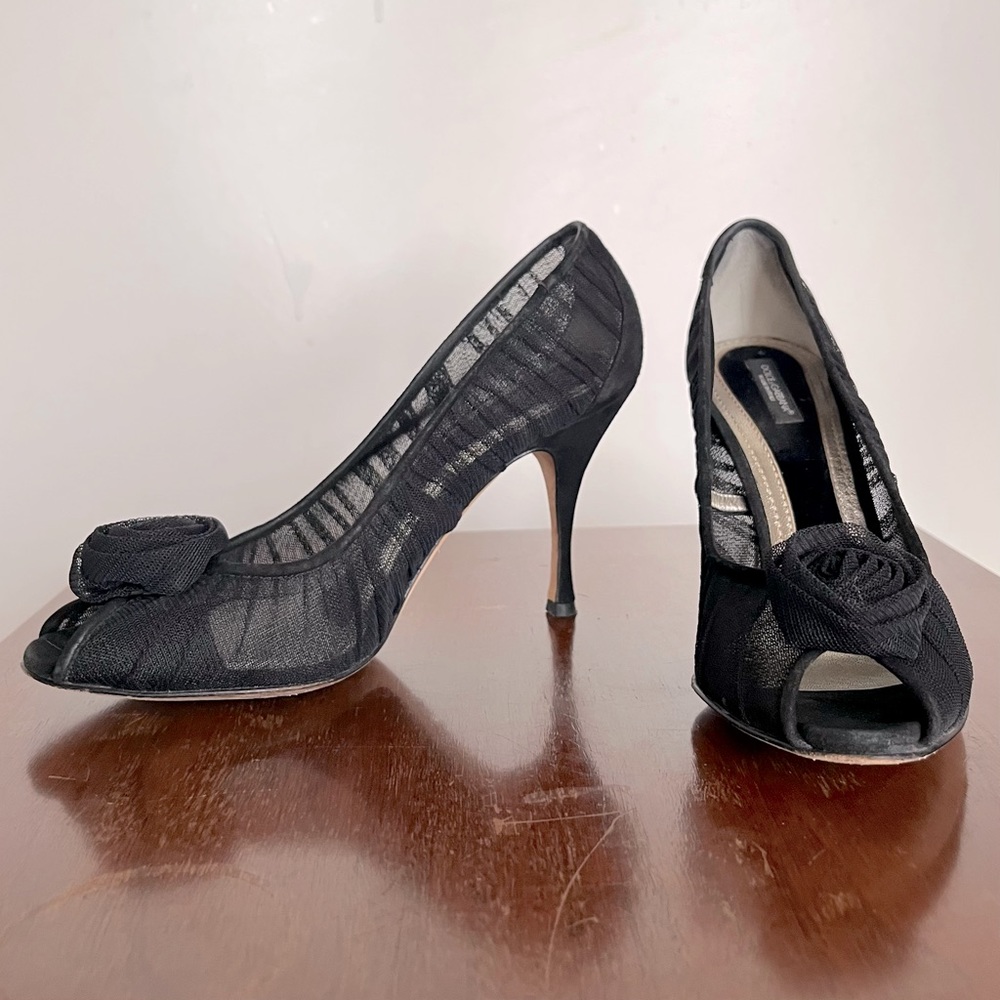 Dolce and Gabbana Ruched Mesh Peep-toe Rose Flower heels